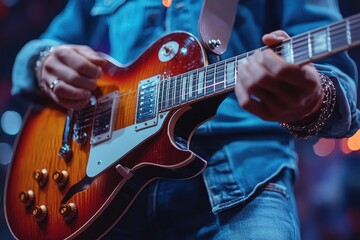 Obraz premium A musician plays an electric guitar during a performance