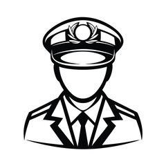 Police Officer Icon Silhouette, Full Uniform, Cap with Emblem, Black and White Design