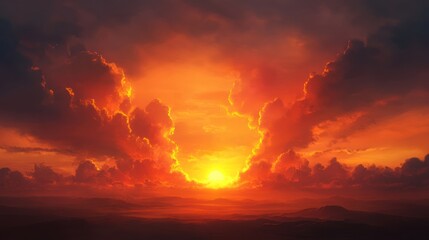 Fototapeta premium Dramatic sunset landscape with fiery clouds and radiant celestial light
