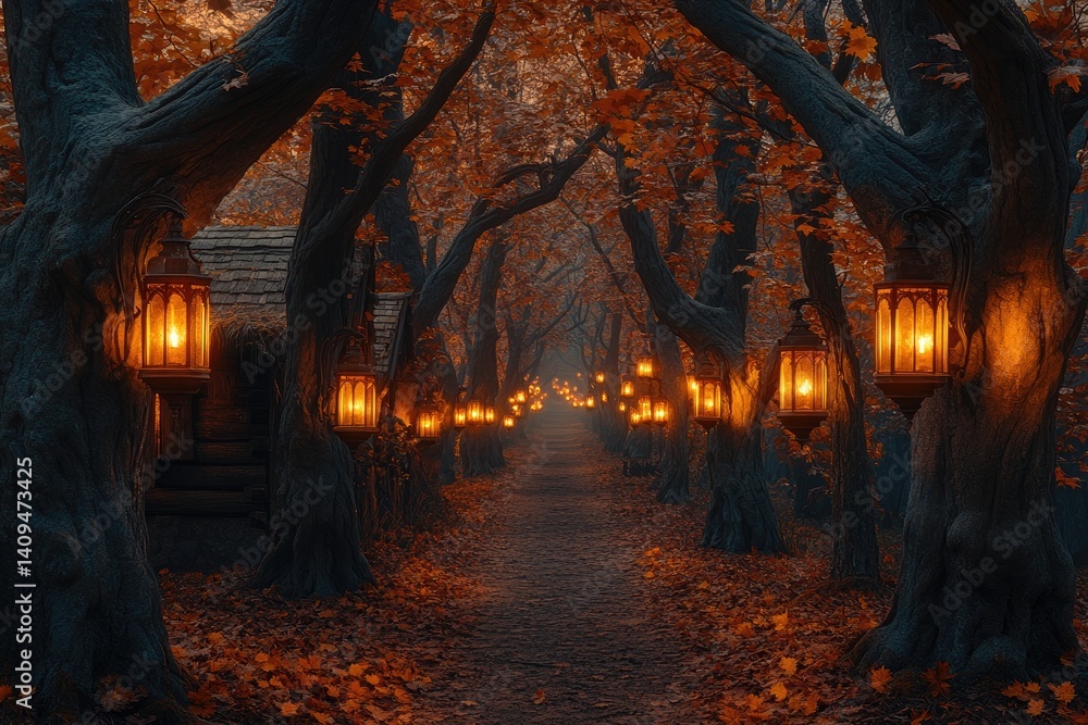 Poster a mysterious forest path illuminated by hanging lanterns in autumn