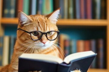 Cat enjoys reading a book while wearing stylish reading glasses in a cozy library setting