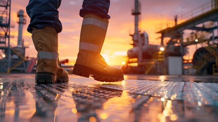 Industrial worker s boots at sunset on factory platform