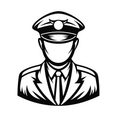 Silhouette Portrait Law Enforcement Figure in Uniform, Faceless, Black and White Design