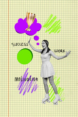 Image collage of young lady ride roller skates on yellow color background