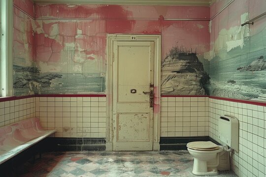 An abandoned bathroom with decaying walls and a dated toilet fixture