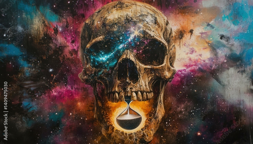 Poster cosmic skull: a visual exploration of time and the universe within mortality