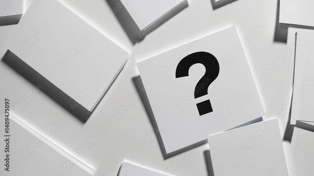 Poster Multiple question marks printed on white cards lie on a white surface, surrounded by blank cards, creating a visual representation of uncertainty and decision making