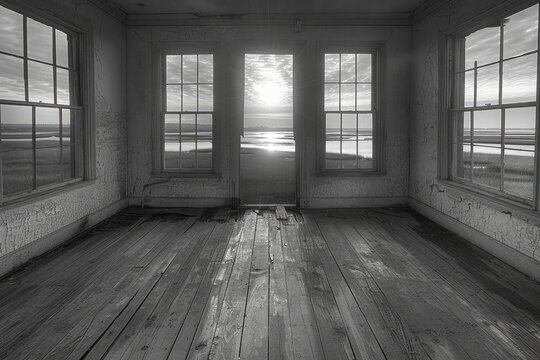An abandoned room overlooks a bright sky and vast coastal landscape