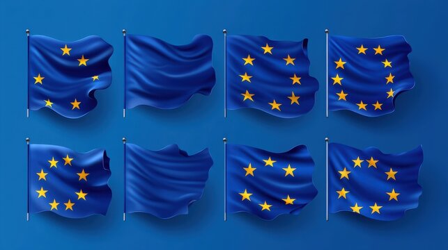 Europe flag illustration set. Twelve stars on blue background sign. Round, square, waving rectangle and European union map shape vector banner.