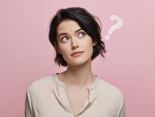 Young woman with short black hair looking up with a questioning expression
