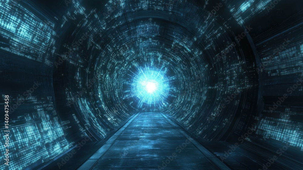 Poster a futuristic image showcasing a tunnel of glowing blue data streams converging towards a bright cent