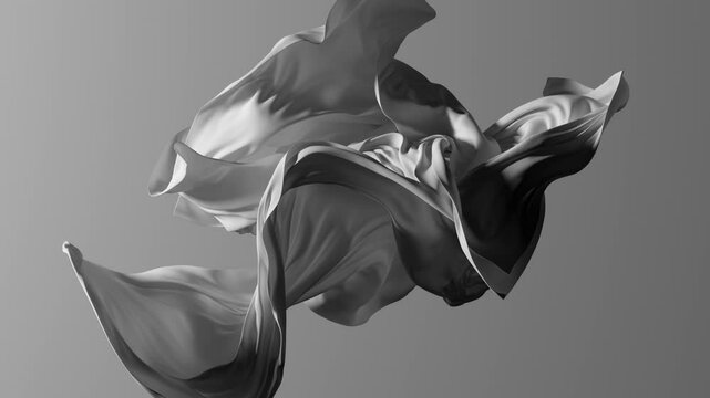 Realistic 3D animation. Minimalist aesthetic background. White fabric waves in the air. Elegant silk cloth flutters in the wind