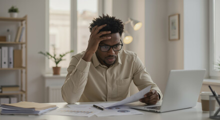 Worried man looking at papers in office. Stressed black entrepreneur with head in hands at desk. Young African American office worker overwhelmed by work and deadlines. Business problems and anxiety
