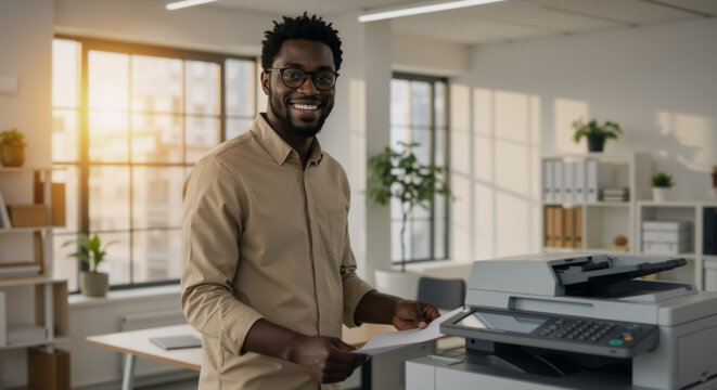 Smiling Black office worker at office printer with documents. Handsome Young African American man printing papers on copy machine and looking at camera in modern office. Comfortable office environment