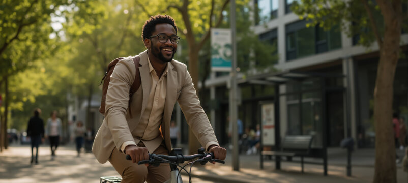 Young African American male cheerfully cycling to work in urban environment. Smiling Black businessman in business casual on bicycle in city.  Man bike commuting. Healthy commuting, active lifestyle