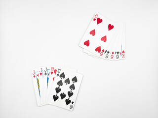 White plastic poker cards full house hit opponent on white background