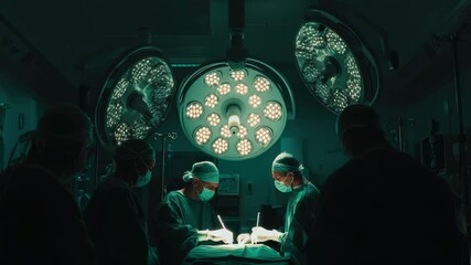 Surgical Precision: Illuminated by the operating room's sterile glow, surgeons engage in focused teamwork around the operating table, highlighting the critical moments in medical intervention.