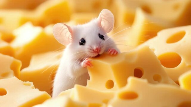 Cute white mouse with pink ears sitting among pieces of yellow cheese in a playful composition in soft focus