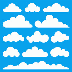 Vector Set of Cartoon Cloud Shapes – Flat White Clouds on Blue Sky Background.