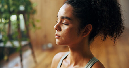 Exercise, meditation and yoga with woman in home for balance, wellness or holistic routine....