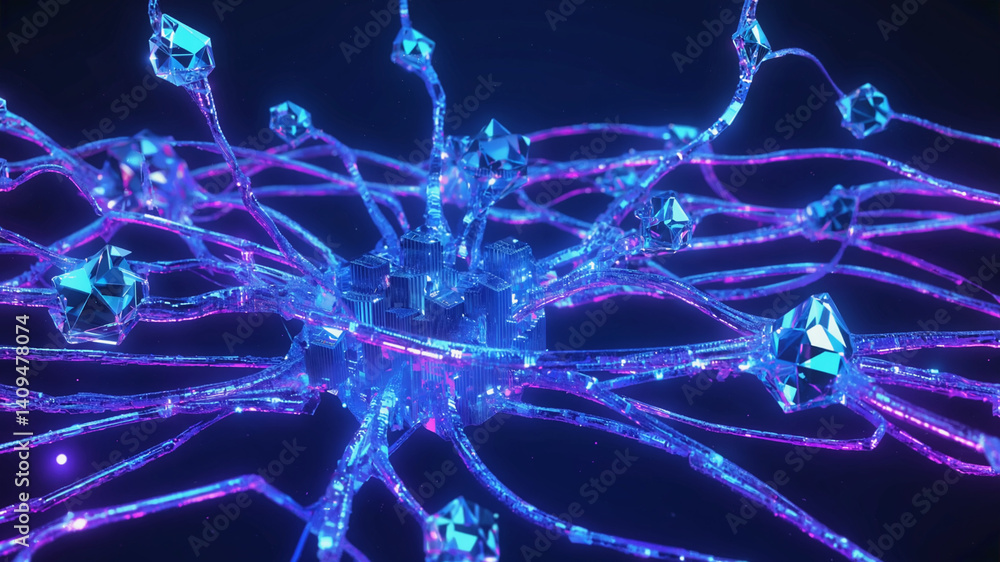 Poster abstract crystal network with glowing nodes and interconnected pathways