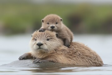 Fototapeta premium An adorable baby otter rides atop its relaxed parent in water