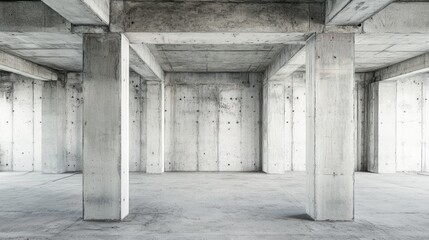 Empty concrete structure interior with columns and beams.