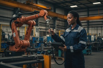Young African American female engineer operating welding robot arm machine in warehouse factory.Professional technician automation robotic industrial 