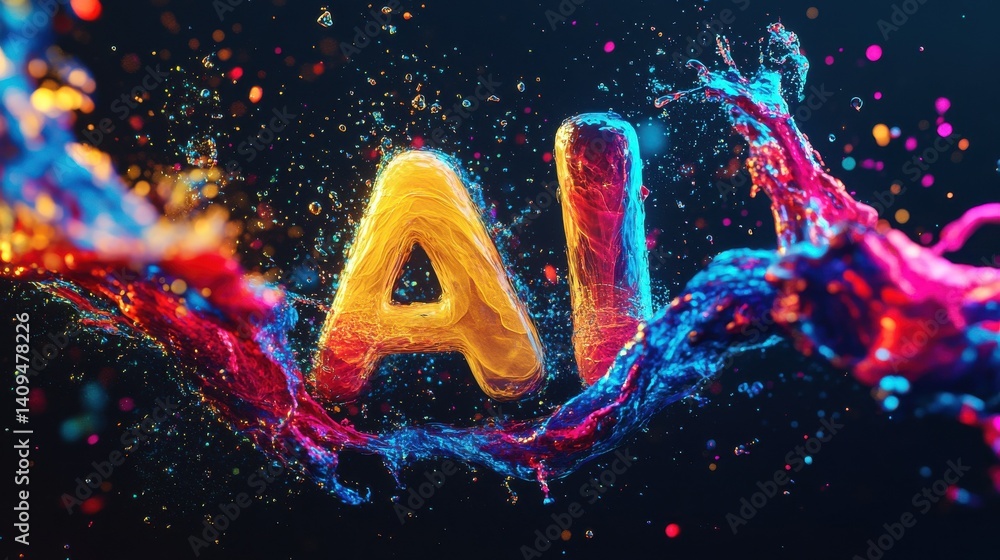 Poster the image portrays splashes of liquid dynamically forming the 'ai' letters, symbolizing the burst of