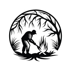 Silhouette of Person Gardening with Tree Circle Frame, Earth Day Environment Concept