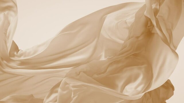 Abstract fashion 3D animation. A delicate, airy fabric floats gracefully in the air, twisting and swirling in the breeze, isolated on white background. Elegant beige cloth flutters and waves