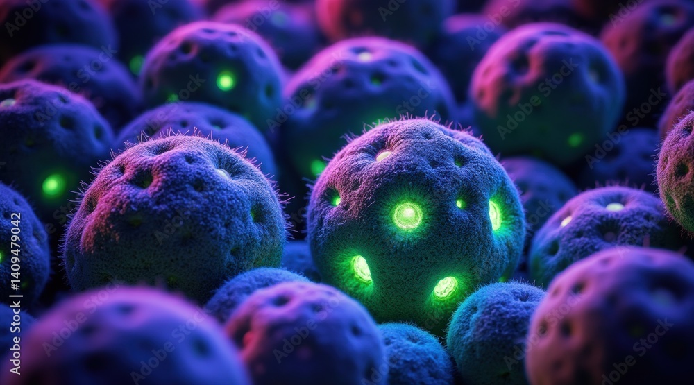 Poster colorful microscopic view of spherical structures in clusters.