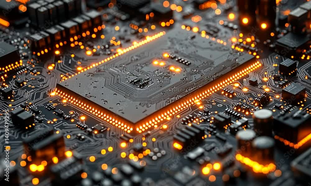Poster close-up of a computer chip on a circuit board.