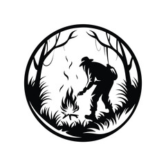 Silhouette Man in Forest, Igniting Campfire, Backpack, Bushcraft, Survival Skills