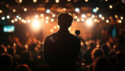 Silhouette of a performer addressing a lively audience under dynamic lighting setup