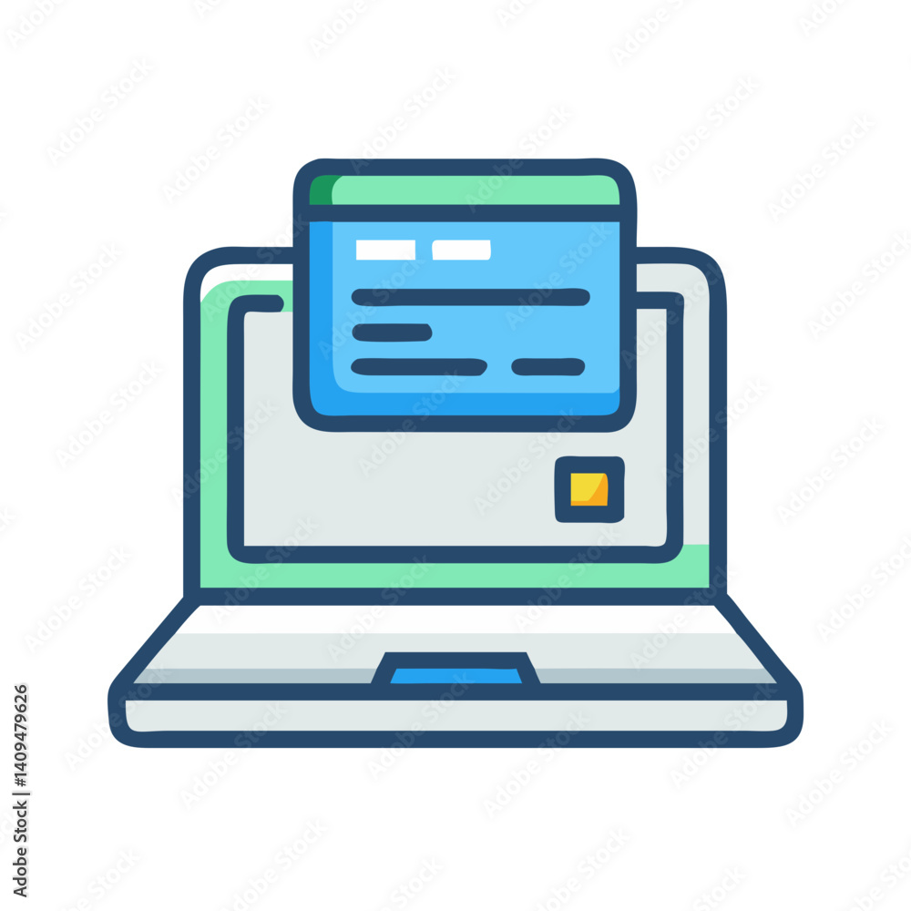 Poster laptop with card reader icon representing online payment processing