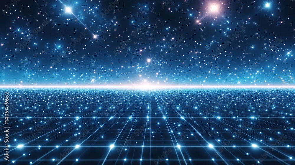 Poster vector abstract futuristic digital landscape with particles dots and stars on horizon. computer geom