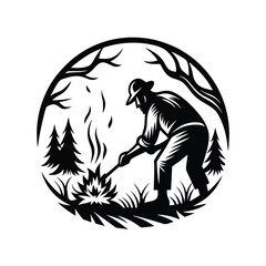 Monochrome Forester with Tool, Forest Inside Circle Border, Outdoors, Wildfire