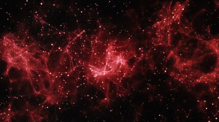 Red cosmic nebula, abstract space background with glowing particles and dust.