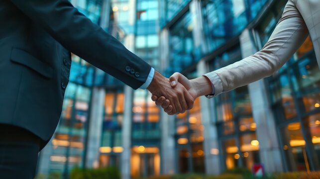 Business executives exchanging a handshake in front of a contemporary office building. minimalist, - Powered by Adobe