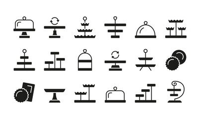 Cake stand filled solid icon set. Dessert display plate. Wedding tableware