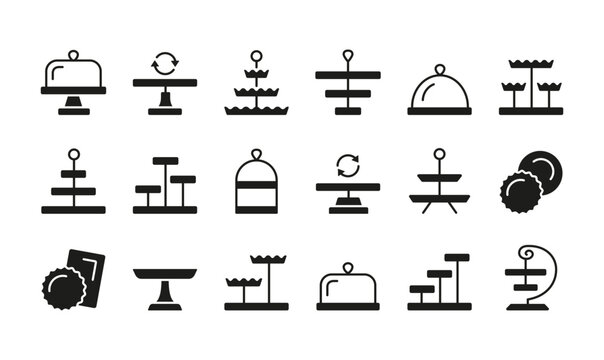 Cake stand filled solid icon set. Dessert display plate. Wedding tableware