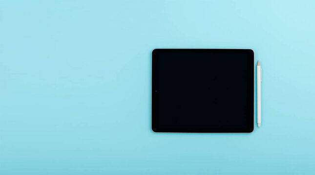 A digital tablet with a stylus on a pastel blue background – Generative AI - Powered by Adobe
