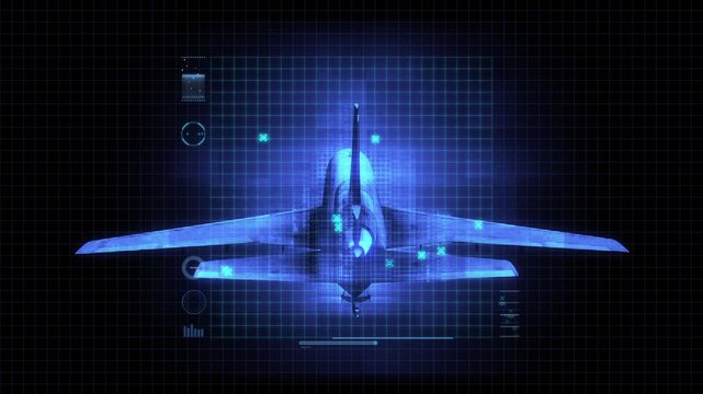A holographic style aviation themed tech HUD screen with digital overlay and grid detail.