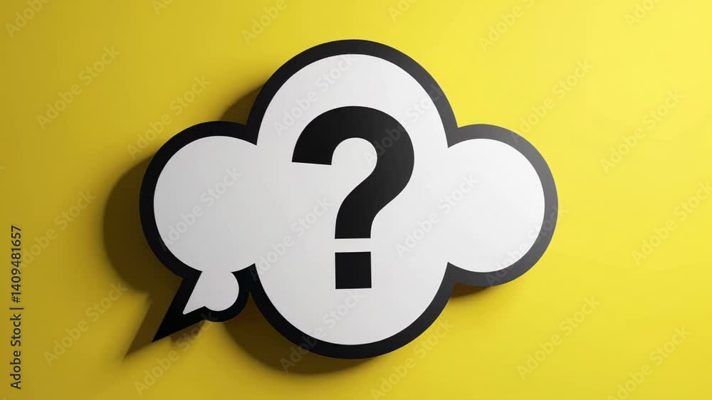 Poster Six thought bubbles with question marks inside appear on a vibrant yellow background, symbolizing uncertainty, decision making, and the search for answers