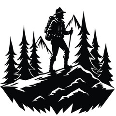 Silhouette Hiker with Backpack & Stick in Forest Scenery with Mountain Backdrop View