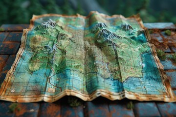 Fototapeta premium An aged terrain map with mountainous regions is displayed clearly