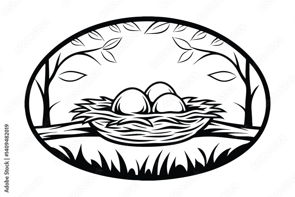 Poster nest with eggs in artistic circular black and white design suitable for crafting and decoration proj
