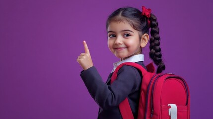 Happy indian kid primary elementary school girl with backpack wearing school uniform pointing fingers aside at copy space advertising products or services for pupils isolated on violet background.