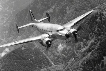 An airplane flies above mountainous terrain in black and white